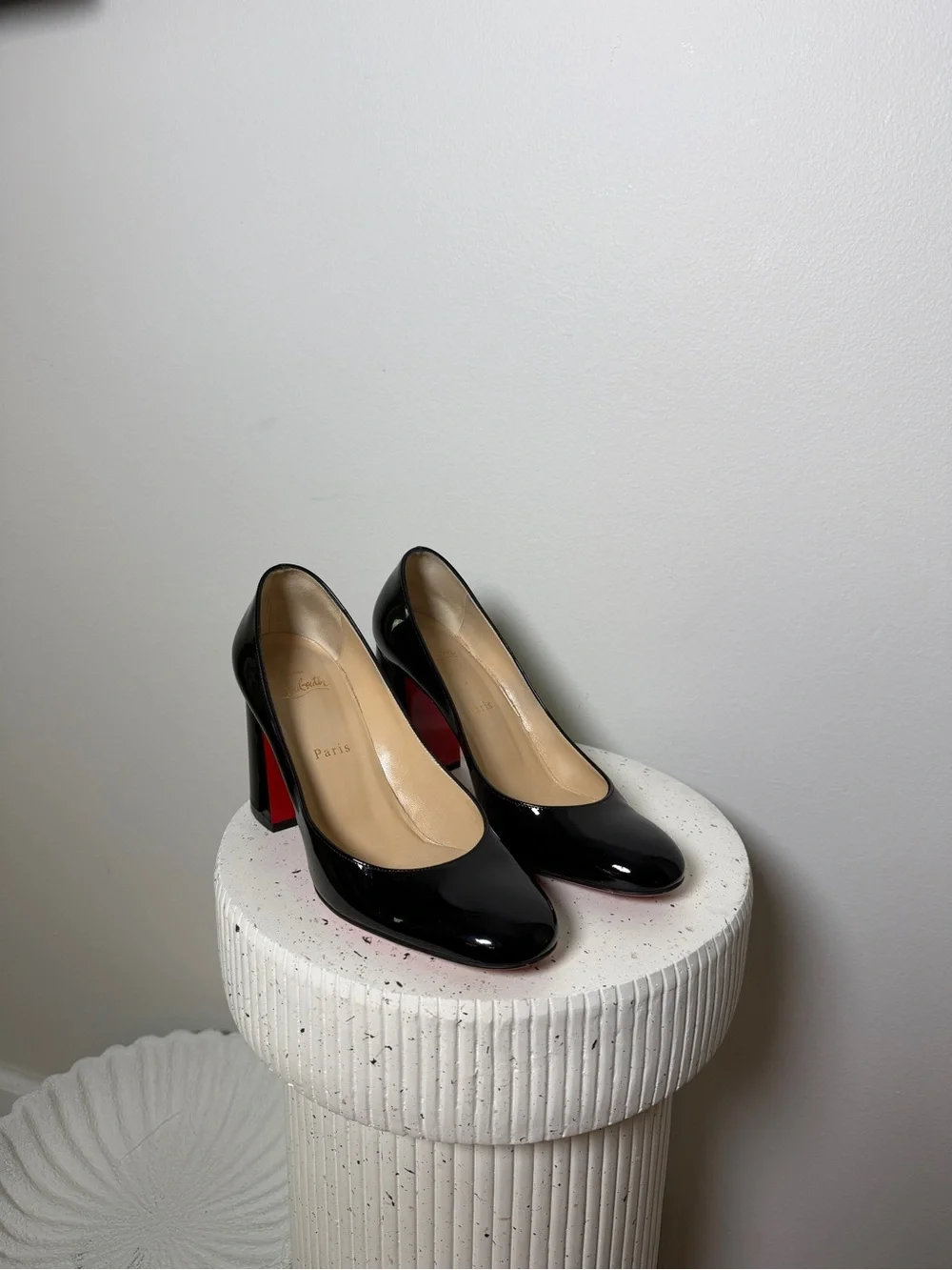 Christian Louboutin Black Patent Round Toe Block Heel Pumps with Red Sole - Picture 7 of 9